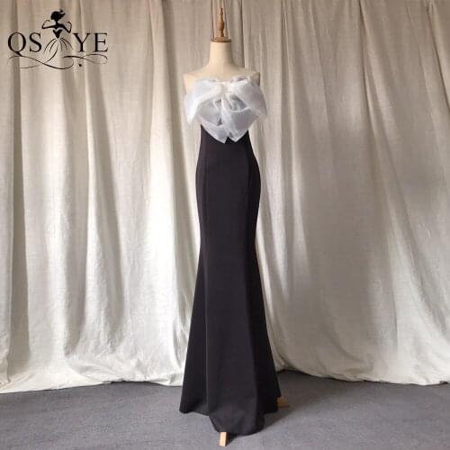 QSYYE White Big Bow Knot Black Evening Dress Mermaid Off Shoulder Prom Gown Dress Simple Fitted Elastic Formal Dresses Elegant