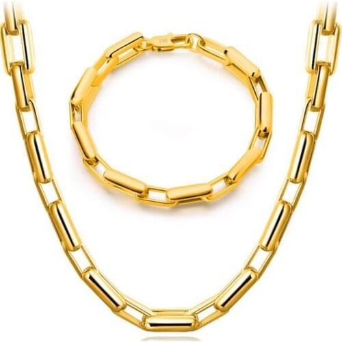 Free Shipping Golden 18 K Chain Necklace Bracelet 9MM domineering fashion personality mens ladies jewelry set