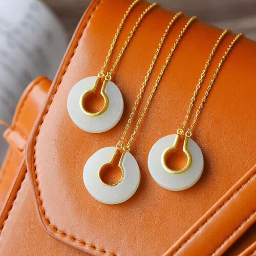 Big Brand Same Style Hetian Jade Safety Buckle Pendant S925 Sterling Silver Gold Plated Inlaid White Jade Necklace Simple Lady