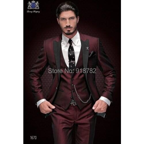 New Brand Groom Tuxedo Suit 2018 Custom Made Wine Red Men Suits Terno Slim Fit Peaked Lapel Groomsmen Men Wedding Prom Suits