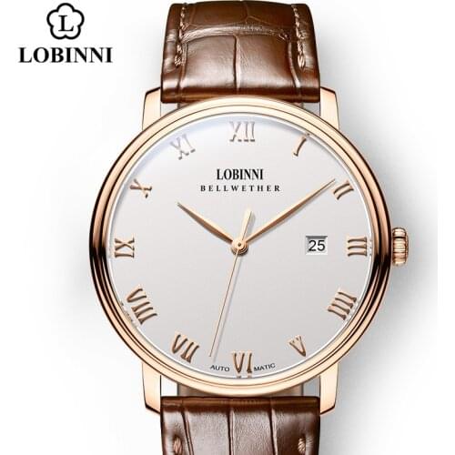 Lobinni Business Mens Mechanical Watch Waterproof Movement Male Wristwatch Leather Sapphire Date Waterproof Original Clock