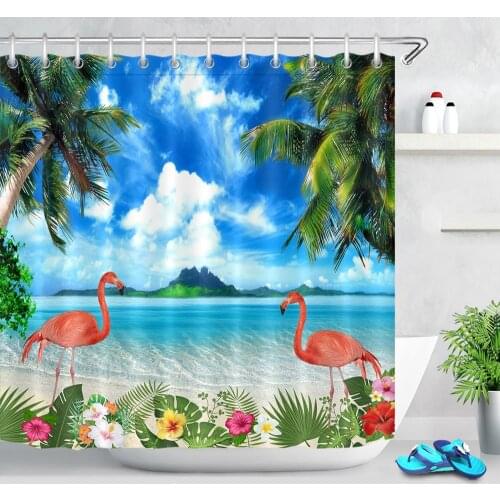 Flamingo Animal Shower Curtain Tropical Beach Tree Leaves Flower Waterproof Fabric Polyester Cloth Bathroom Curtain with Hooks