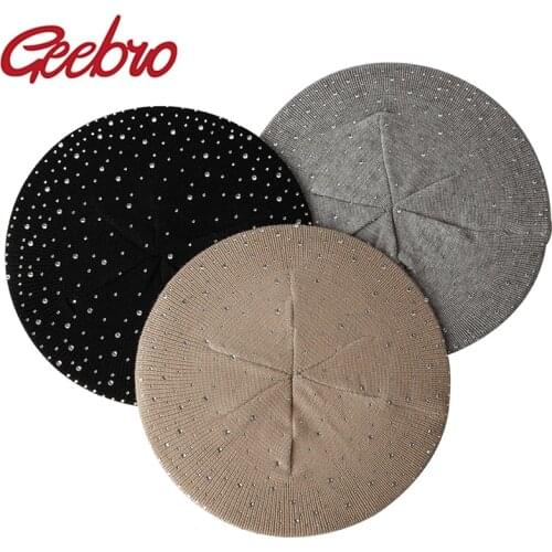 Geebro Women Spring Autumn Cotton Beret Female Casual knitting Painters Hat With Rhinestone Elegant Ladies Vintage Berets