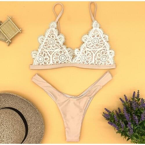 HAPPYSHARK Floral Lace Decoration Swimsuit 2019 New Summer BrazilianThong Bikinis Female Sexy Pink Mini Trikini Maillot De Bain