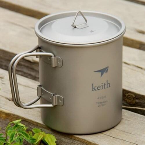 Keith 450ml Cup Folding Handle Single-wall Titanium Mug With Lid Bacteriostatic Anti-acid Drinkware Copos Caneca w/ Cover Ti3204