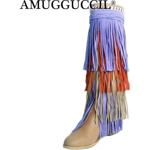 Customize Plus Big Size 34-47 Apricot Fringe Fashion Sexy Wedges Knee High Autumn Winter Girl Ladies Females Women Boots X1765