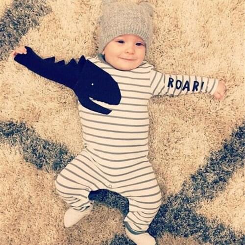 Fashion Newborn Baby Boy Girls Long Sleeve Cotton Striped Dinosaur Romper Jumpsuit Playsuit Casual Outfits