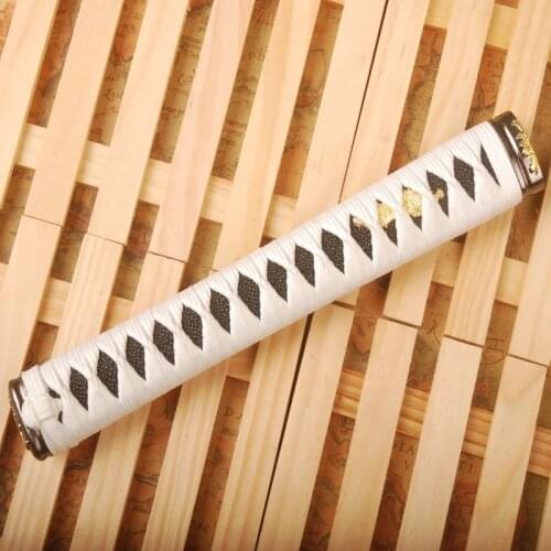 Delicate Handle Straight Tsuka for Japanese Sword Katana White Silk Ito & Imitated Black Rayskin & Alloy Fuchi Kashira Fitting
