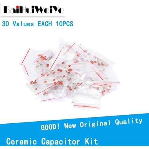 300PCS/LOTE Ceramic Capacitor Assorted Assortment Kit 30 Values 50V 2pF 3pF 5pF 10pF 3.3nF 4.7nF 6.8nF 22NF 47NF 68NF 100NF