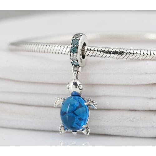 Authentic S925 Dangle Charm Blue Ocean Turtle Pendant Bead fit Pandora Bracelet Bangle Girl Birthday Gift DIY Jewelry