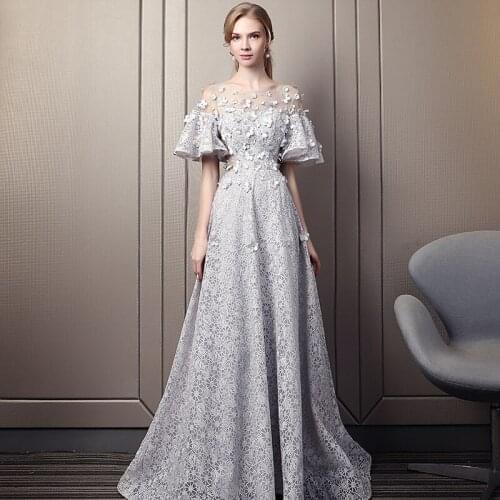 Gray Female QiapoTemperament Cheongsam Elegant Evening Party Dress Embroidery Flowers Banquet Robe De Soiree Vestidos