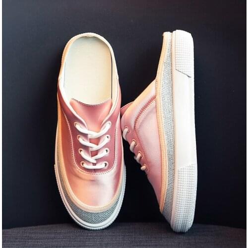 Student Slingback crystal soft bottom woman flats slip on mules women shoes patchwork lace up genuine leather loafers femme 2020