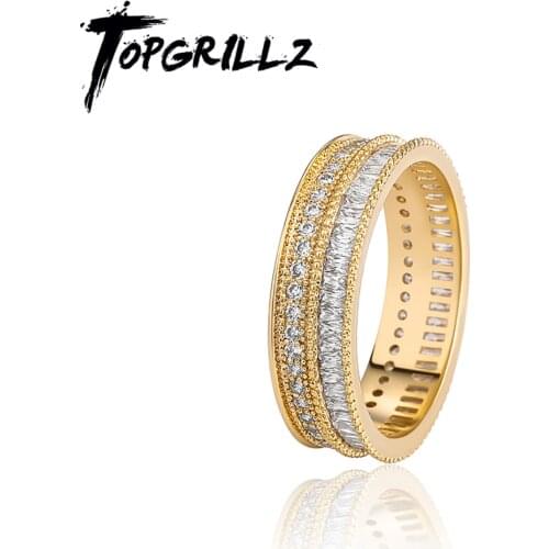 TOPGRILLZ 2 Layer Zirconia Ring Baguette Band Ring In Yellow Gold High Quality Cubic Zirconia Hip Hop Personalized Jewelry