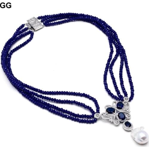 GuaiGuai Jewelry 4 Rows Blue Jades Necklace Cultured White Keshi Pearl CZ Pendant Free shipping Handmade For Women