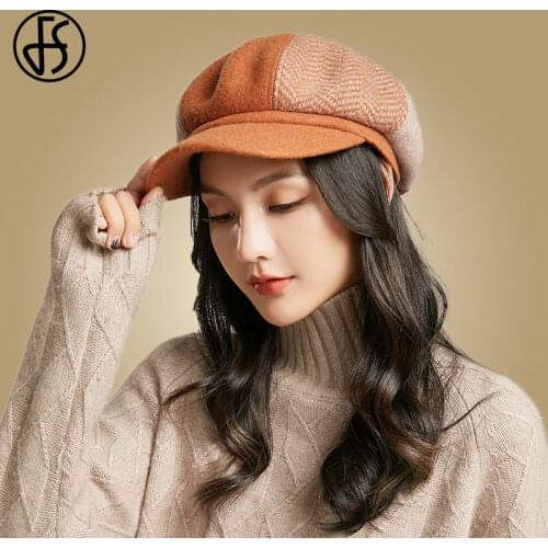 FS Wool Hats For Women Berets Black Autumn Winter Thick Warm Female Wide Brim Newsboy Cap Ladies Beret Hat Warm Female Caps