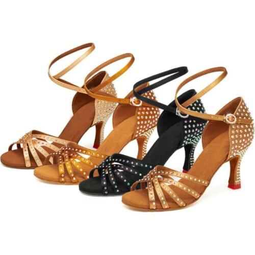 Dancing for Women Rhinestone Tango Heeled Satin Dancing Girls Women Ballroom Latin Shoes Ladies 7CM Dance Sneakers A111