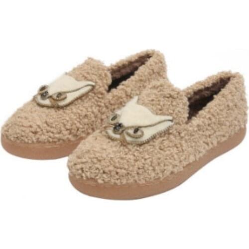 Ladies Wood Winter Flats Round Toe Fox Hand TPR Sole Warm Shoes For Tender Feet Plus Size 33-43 Black Beige 2020 New Arrivals