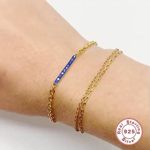 GS 925 Sterling Silver Minimalist Three Zircon Flower Bracelets For Women Long Bar Pave Red Blue Crystal Chain Bracelet Gift