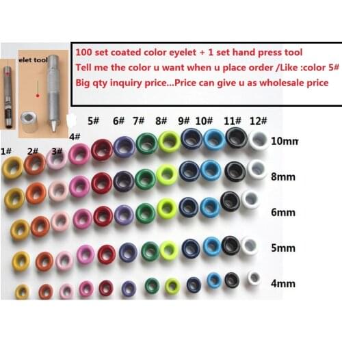 100Sets Coated Colorful Eyelets Painted Metal Grommets DIY Homework Clothes Sewing Garment Eyelets+ 1set Hand Press Tool