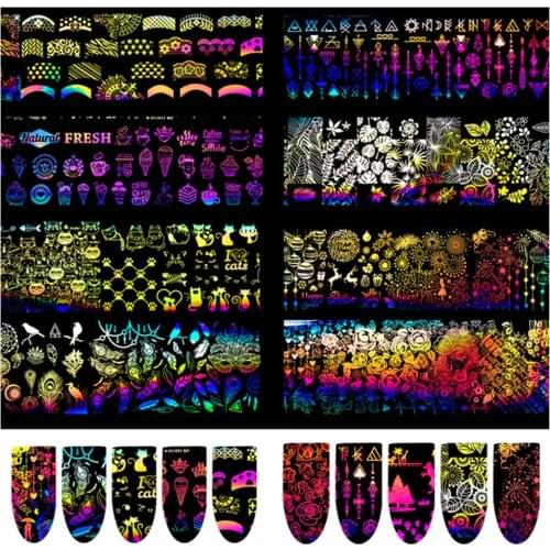 4*20cm 10pcs Holographic Laser Nail Foil Unicorn Flower Cartoon Manicure Nail Art Transfer Sticker Decorations