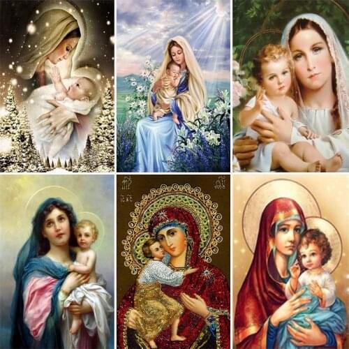 Pintura diamante fe hadas Full Round Diamond Mosaic Religion Madonna Icon 5D DIY Diamond Painting Virgin Mary Religious