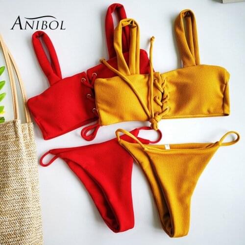 Anibol Bandeau Bikini 2018 Sexy Women Strapless Swimsuit Eyelet Button Lace-Up Swimwear Girls Beach Wear Bathing Suit Biquine