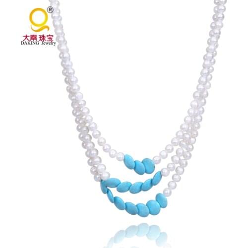 Freshwater Pearl Jewelry Natural three-layers pearl beaded necklace with howlite beads
