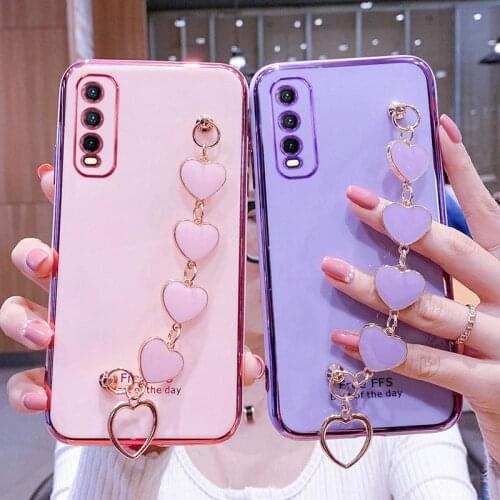Wrist Bracelet Phone Case For Vivo Y20 Case Luxury Love Heart Chain Plating Cover Capa Vivo Y20i Y20S Y70S Silicone Shockproof