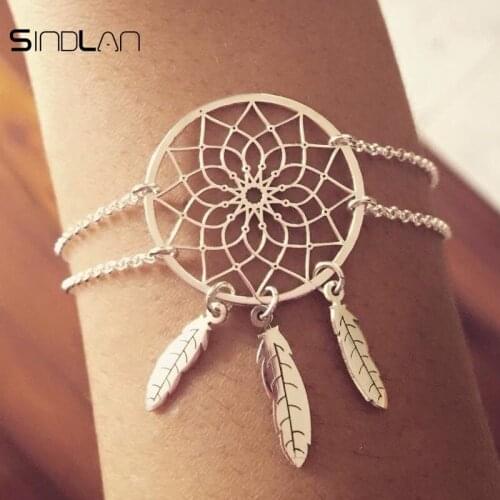 Sindlan Bracelet Ethnic Wind Silver Jewelry Bohemian Aerial Dream Catcher Feather Tassel Chain Simple Charm Bracelet For Women