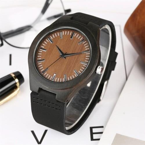 Natural Wood Watch for Men Simple Coffee/Green Dial Genuine Leather Mens Wristwatch Black Analog Display Wooden Male Watches