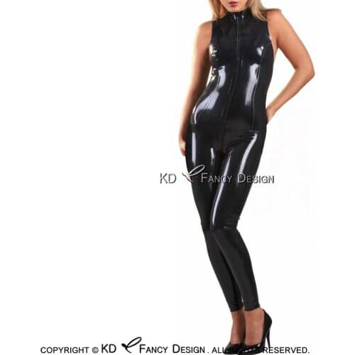 Black Sexy Sleeveless Latex Catsuit With Front To Crotch Zipper Rubber Body Suit Bodysuit Zentai Overall LTY-0130