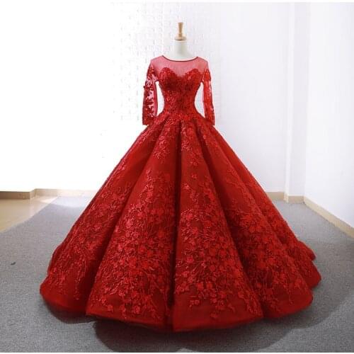 Dubai Honey Sexy Red Luxury Bridal Appliques pointed long arm Quiet Custom Mad ball gown for Maggie