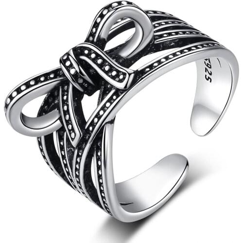 ModaOne Bowknot 925 Sterling Silver Stackable Open Rings For Women Thumb Punk Vintage Statement Big Resizable Jewelry