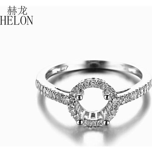 HELON 6mm Round Solid 14k White Gold Pave Natural Diamonds Semi Mount Engagement Wedding Ring For Women Jewelry Best Gift