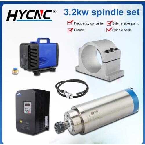 Cnc 3.2kw ER20 water-cooled spindle kit 4 bearings & 4kw inverter & 100mm spindle fixture & 80w water pump & 10m spindle cable