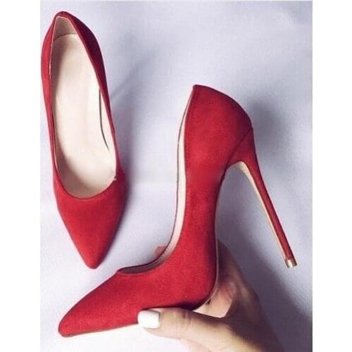 Red Suede Pointed Toe Stiletto Heels Pumps Women Shoes Shallow Slip-on Ultra High Heel 12cm Pump Plus Size 10 Banquet Shoes