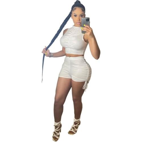 Fashion Two Piece Women Matching Set Tracksuit Shirring Sleeveless T-shirt Crop Top Shorts Pants Casual Suit Jogger Sportwear