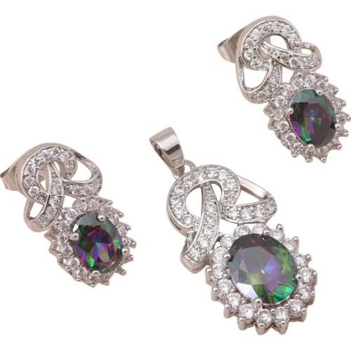 Elegant Luxury Design Pendants Earrings Set Silver Stamped Inlay Mystic Zircon Zirconia Fashion Jewelry set MS030A