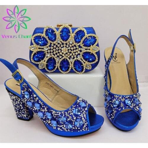 BLUE Newest Lovely Italian Fashionable Sweet Latest Shoes and Bags Set Sets Shoes and Matching Bags Women Rhinestone Wedding