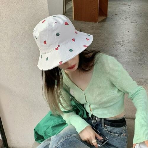 INS Hats Women Cotton Watermelon Print Design Leisure Sweet Girl Lady Bucket Cap Female Summer Holiday Gorros