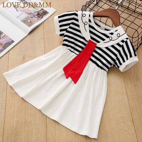 LOVE DD&MM Girls Dresses 2021 Summer New Childrens Clothing Girls Navy Cartoon Cute Striped Lapels Lace Stitching Dress