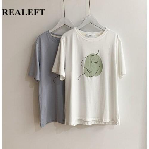 REALEFT Summer 2021 New Classic Abstract Printing Womens T-Shirts Bottoming O-Neck Short Sleeve Female Loose Shirts Tops