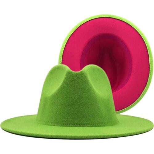 Unisex Green Inner rose girl Wool Felt Jazz Fedora Hat with Thin Belt Buckle Men Women 7.5CM Wide Brim Panama Trilby Cap 57-60CM