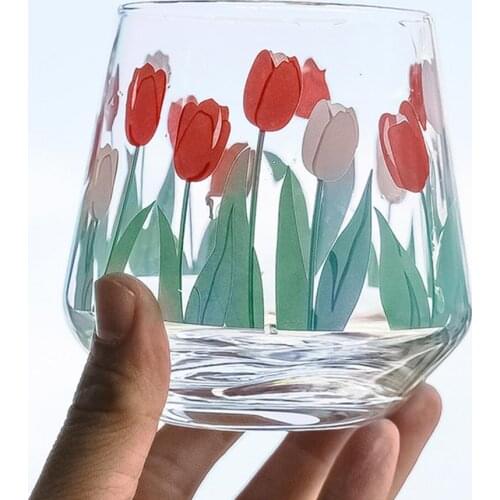 300-400ml Vintage Glass Tulip Print Transparent Beer Whisky Milk Glass Cup Home Restaurant Mug