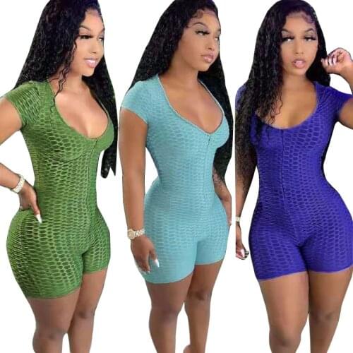 Fitness Jacquard Bodycon Playsuit U Neck Short Sleeve Top Shorts One Piece Overall Jogging Outdoor Sportswear Romper 2021 Summer
