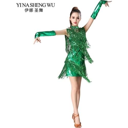 Sequin Fringed Latin Dance Clothes Women Latin Dance Stage Performance Competition Dress Salsa Dance Costume With Glove Necklace