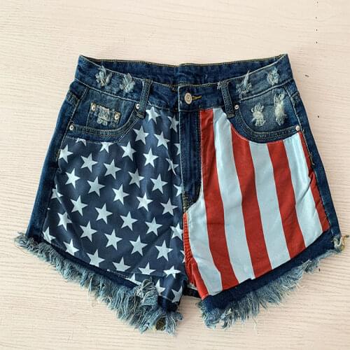 Female Summer Fashion Women Casual America National Flag Denim Shorts Women Middle Waist Sexy Ripped Tassel Short Jeans