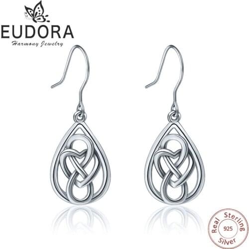 EUDORA Sterling Silver Good Luck Celtics Love Knot Drop Earrings Water Drop Dangler Heart Earring Women Fine 925 Jewelry Gift