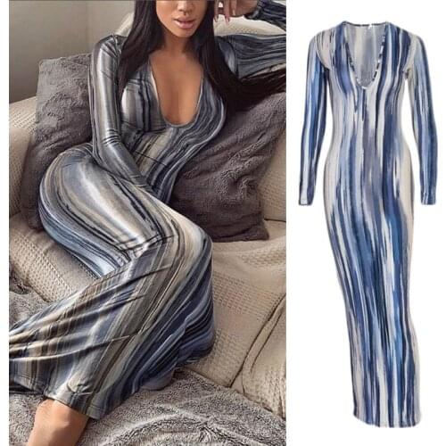 Women Autumn Long Sleeve Sexy Deep V-Neck Bodycon Maxi Long Pencil Dress Gradient Tie-Dye Striped Print Party Clubwear
