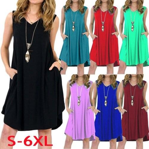Leosoxs Summer New Fashion Sexy V Neck Sleeveless Solid Womens Dresses 2021 Casual Loose Pocket Ruffle Ladies Dresses Plus Size